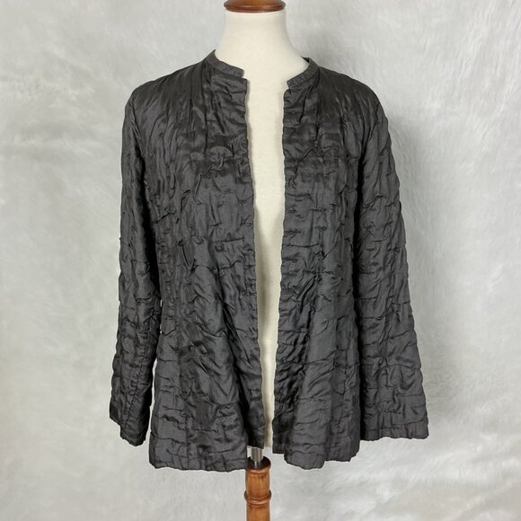 Eileen Fisher Brown Sark Silver Gray Silk Tussah Bartack Jacket PM - Picture 1 of 8